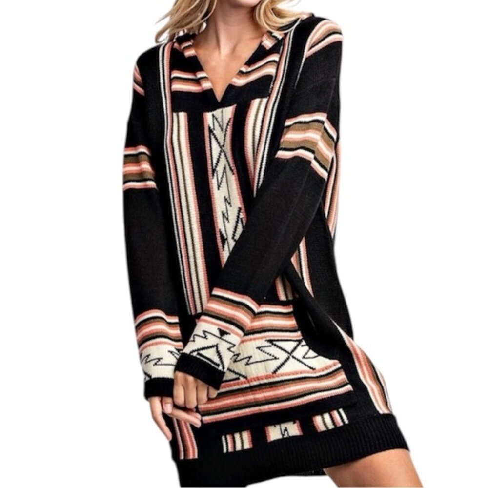 Lime Lush I Love Aztec print hooded tunic sweater dress black S/M